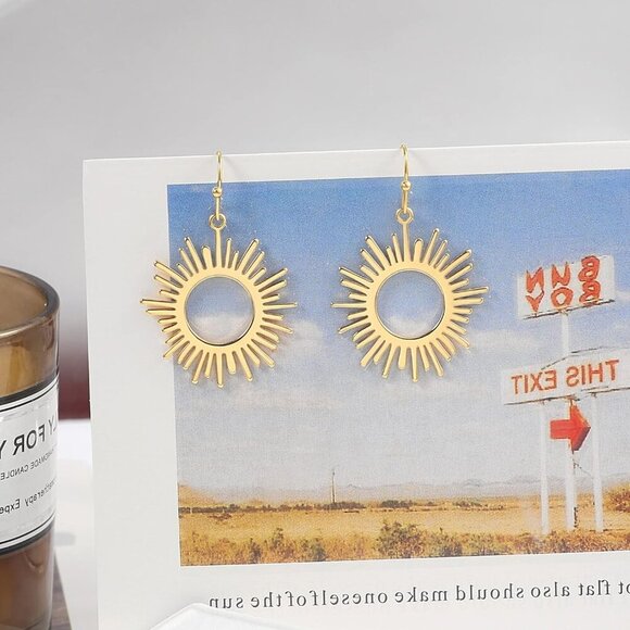 18K Gold Dangle Drop Earrings Small Round Disc Dangle Sun Hoop Earrings for Wome - Picture 7 of 7